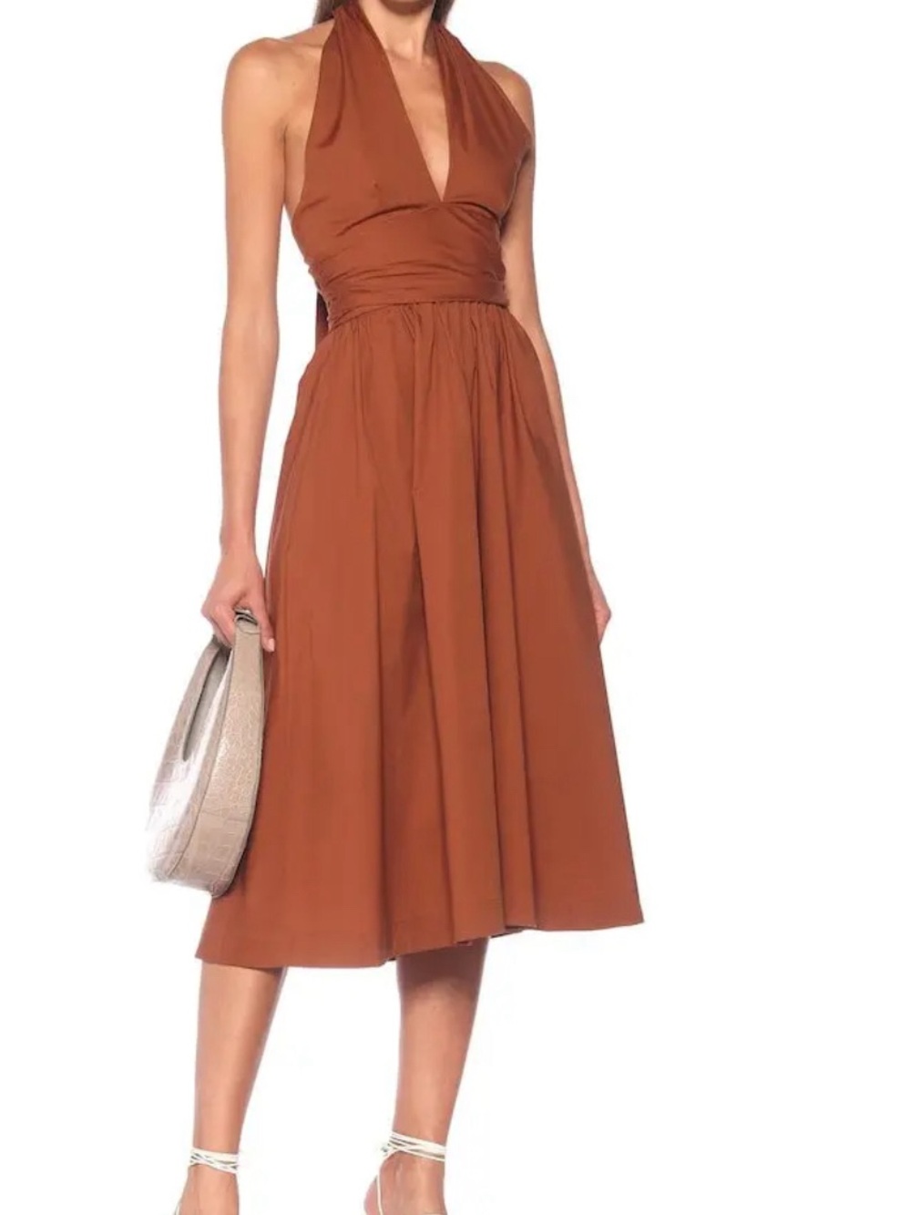 Staud Moana Flared Halterneck Dress In Tan Size: 6